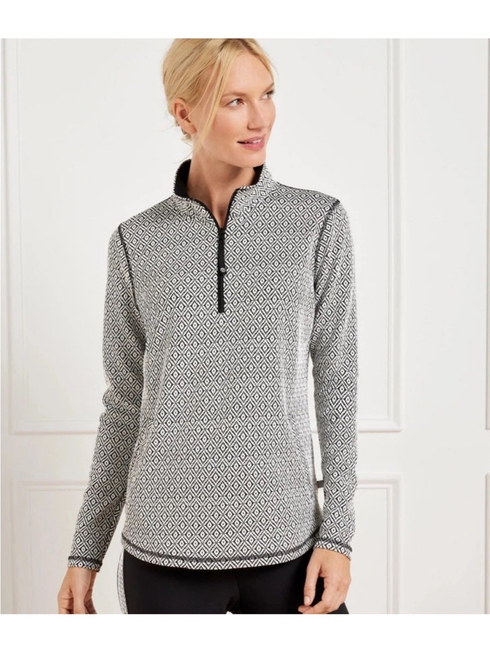 T by Talbots Jacquard Half-Zip Pullover Diamond Geo Mock Neck Womens Medium